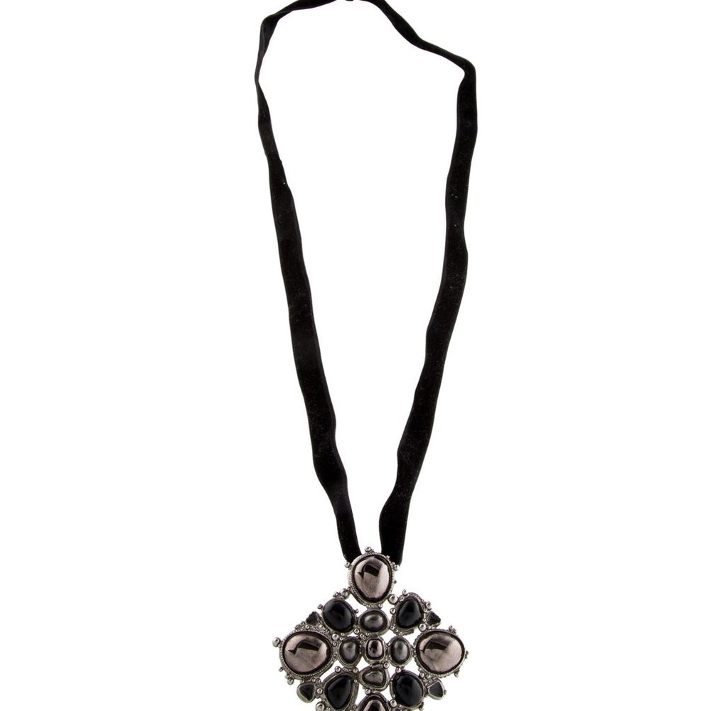 Resin, Faux Pearl & Velvet Ribbon Pendant Necklace